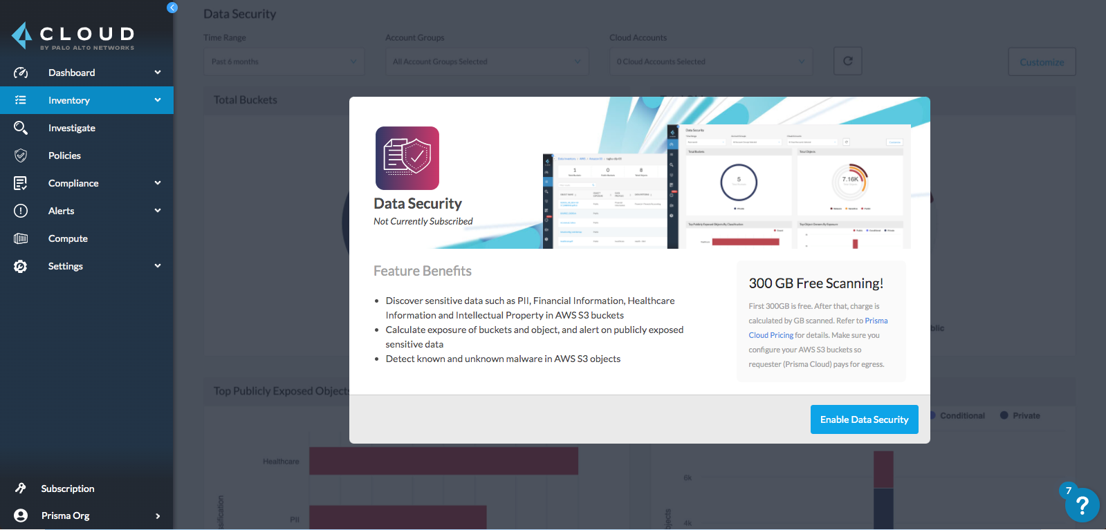 Pop-up for enabling the Data Security module in Prisma Cloud.