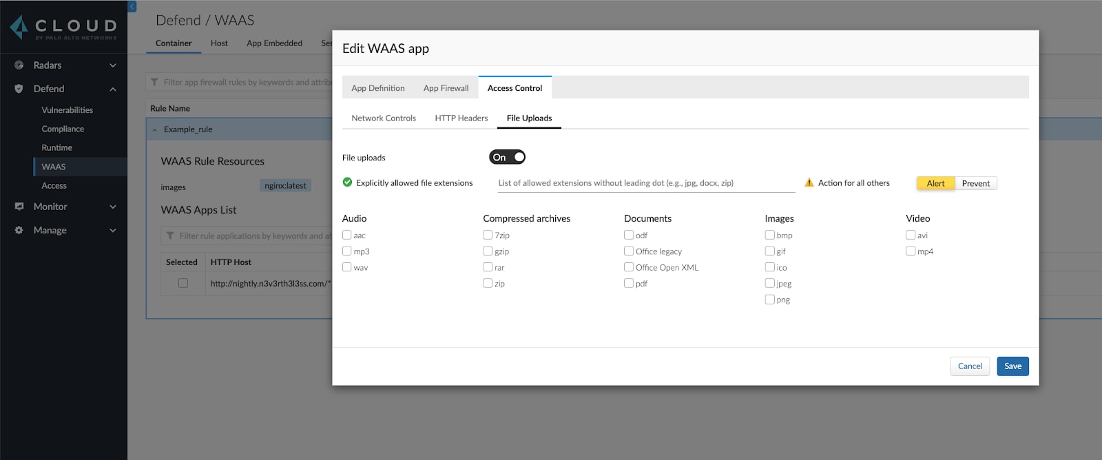 File upload protection parameters in Prisma Cloud across different types of files.