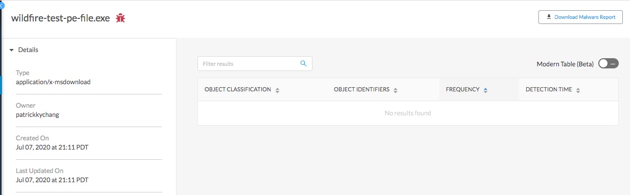 Wildfire malware scan result detail in Prisma Cloud.