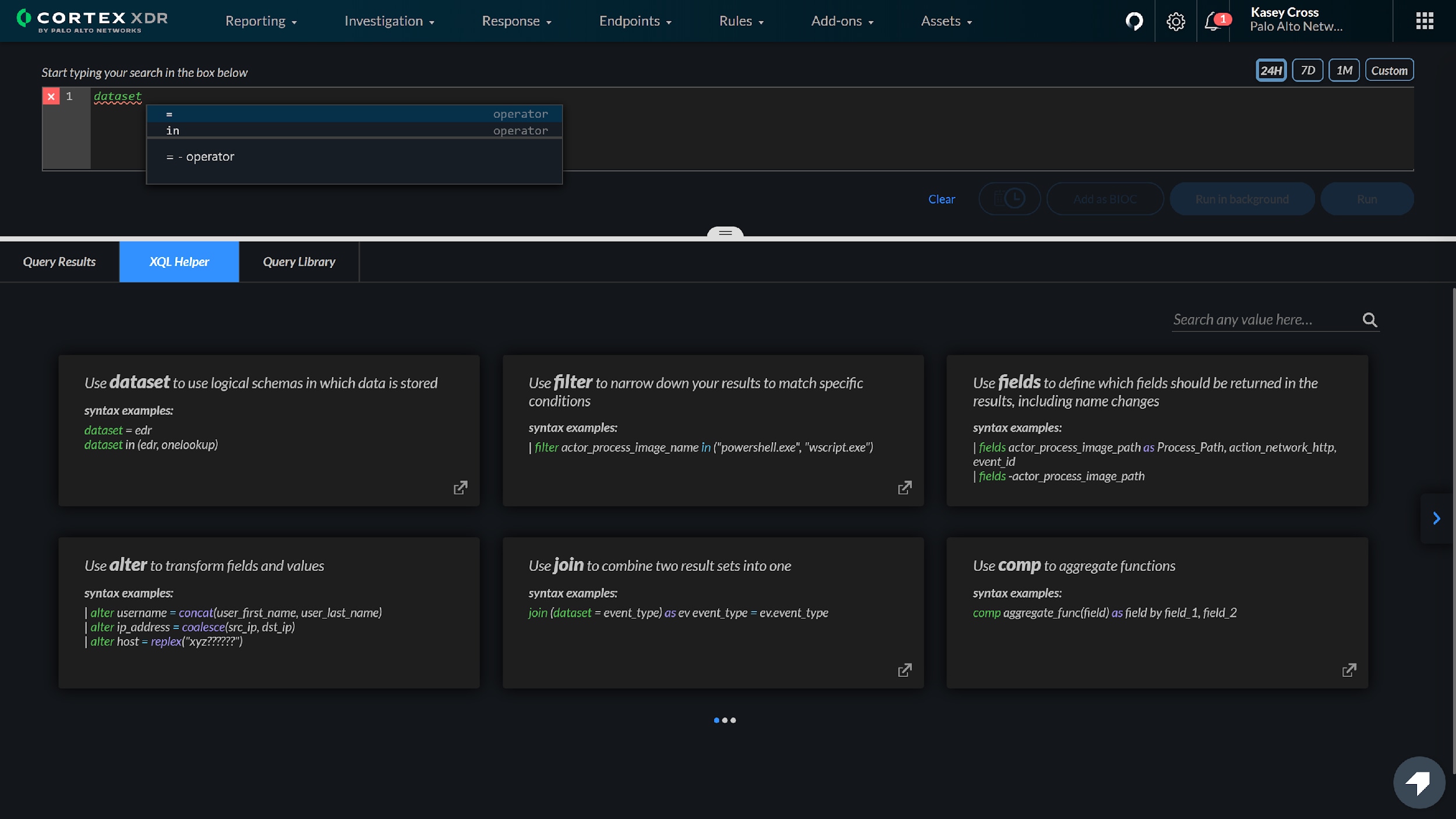 This is a view of the XQL search feature in the Cortex XDR 2.6 management console, showing options including use dataset, use filter and use fields. 