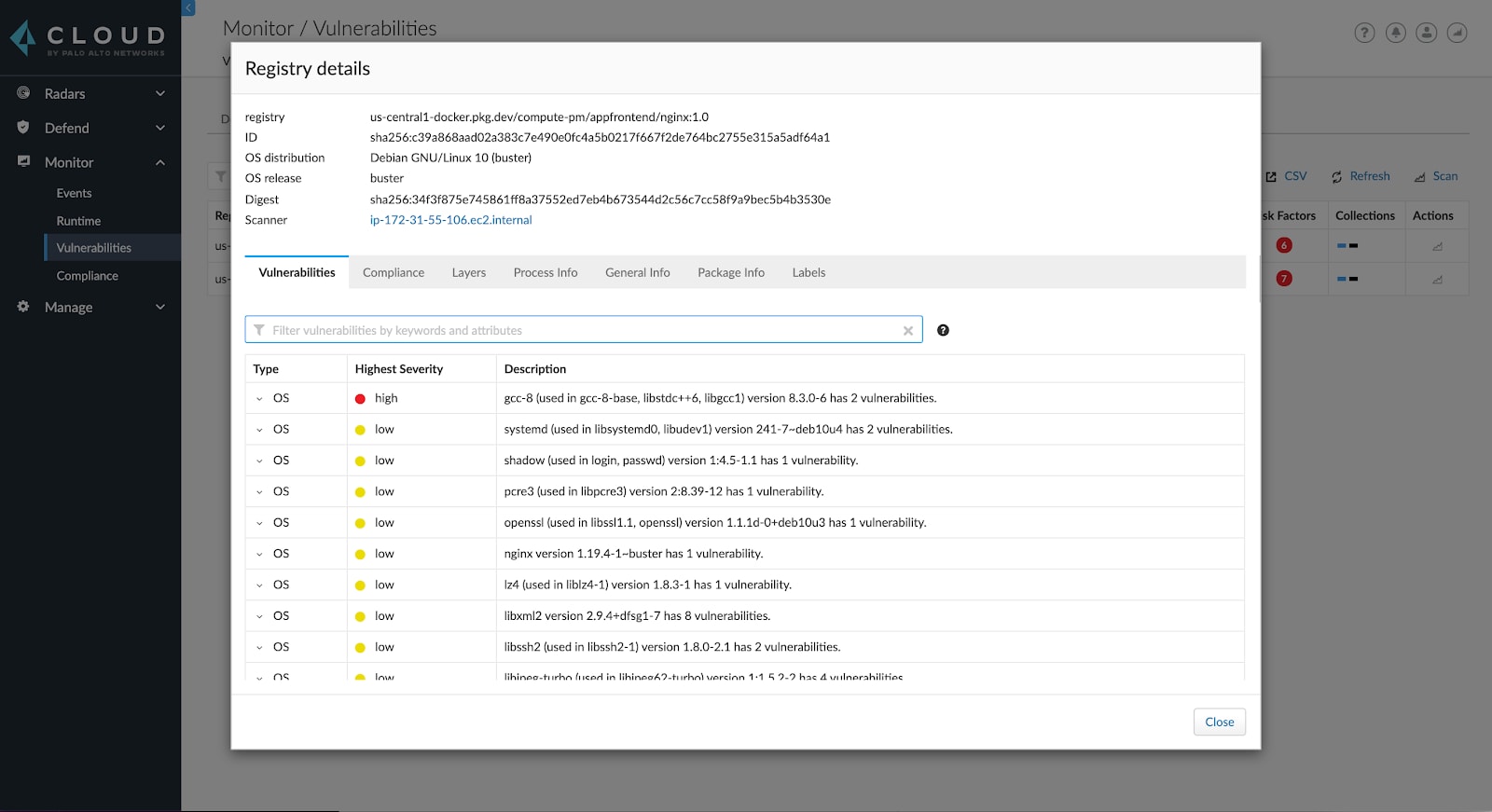 Using Prisma Cloud to monitor vulnerabilities in Google Artifact Registry.