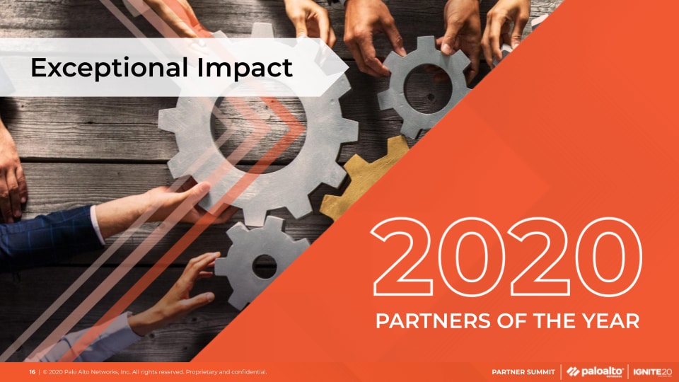 Exceptional Impact: 2020 Global Partners of the Year. In addition to the text, the image shows hands assembling a set of gears. 
