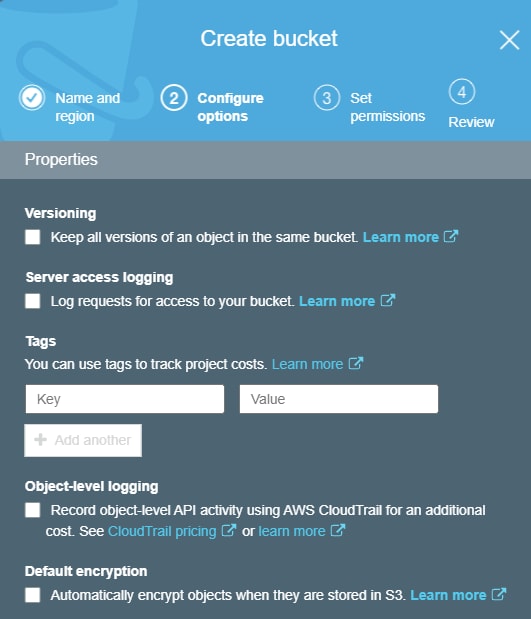 Configuration options for new S3 buckets, including logging options. 