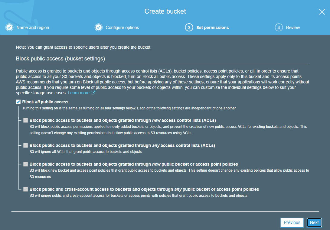 Permissions screen for blocking or allowing access to a new S3 bucket. 