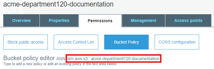 Permissions tab for an existing bucket, with the ARN highlighted.