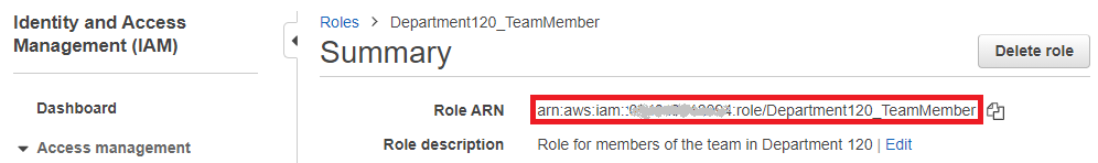 IAM role summary, with the role ARN highlighted. 