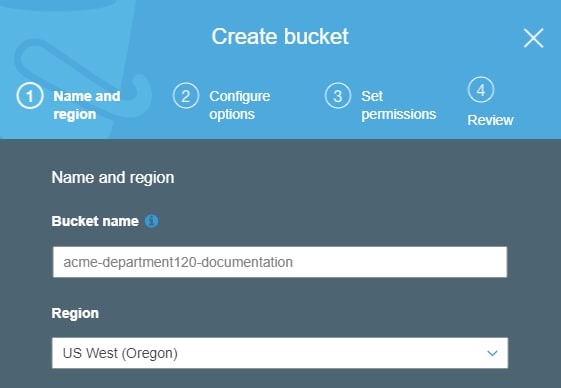 Entering bucket name and region during S3 bucket creation.