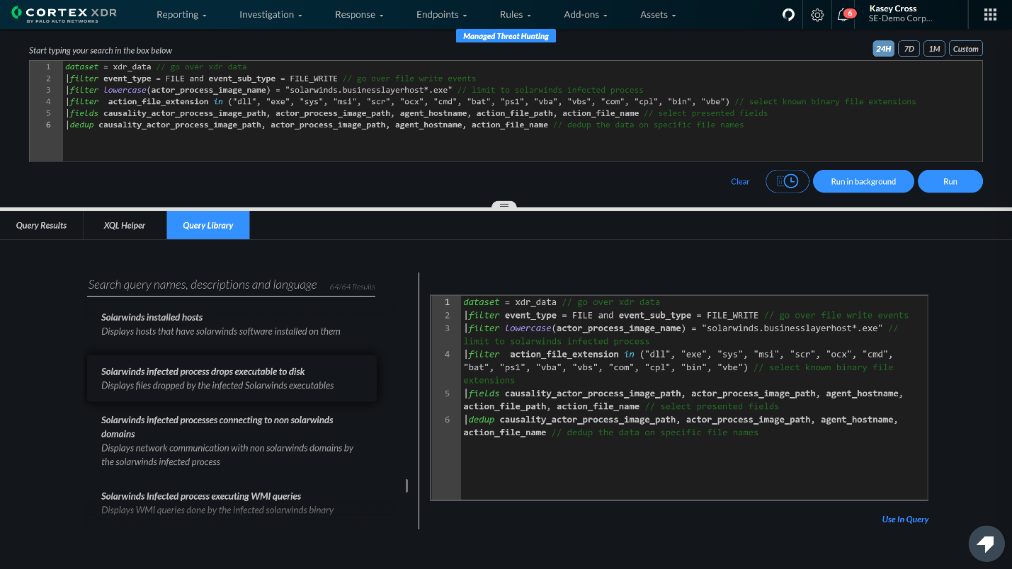 Cortex XDR now includes a comprehensive set of SolarStorm-specific queries in the XQL query library to help hunt down, investigate and provide defense against SolarStorm in case of potential intrusions that bypass prevention controls.