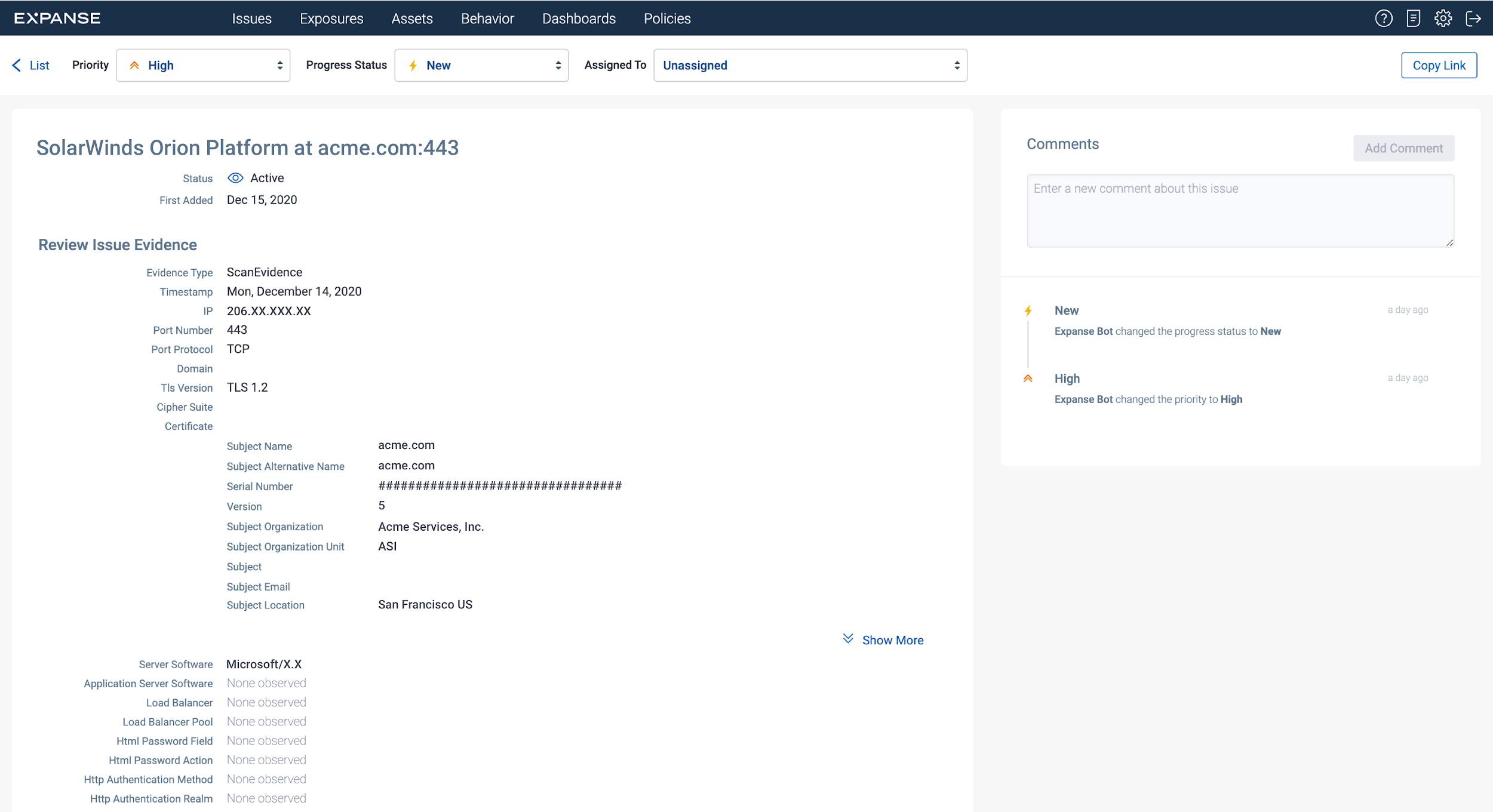 Screenshot of details of a specific SolarWinds Orion Platform that Expanse has identified.
