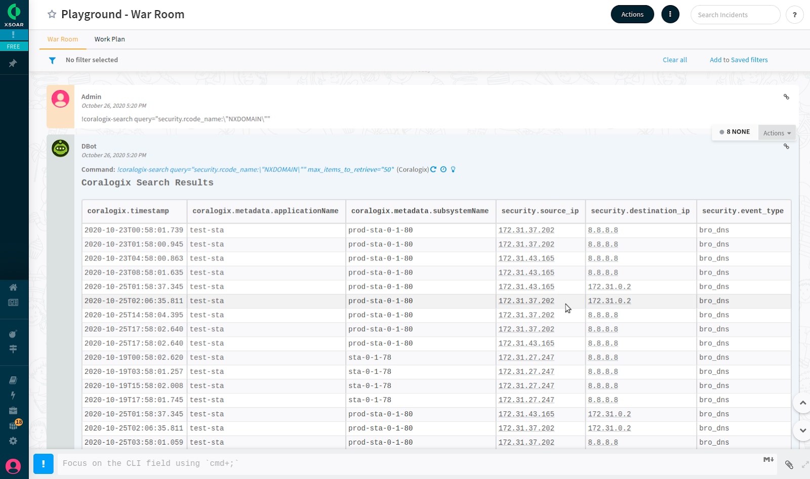 Screenshot of the XSOAR Platform with Coralogix search results