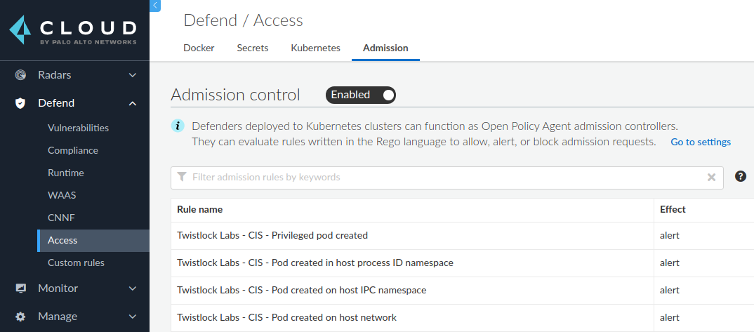 Admission controller configuration in Prisma Cloud