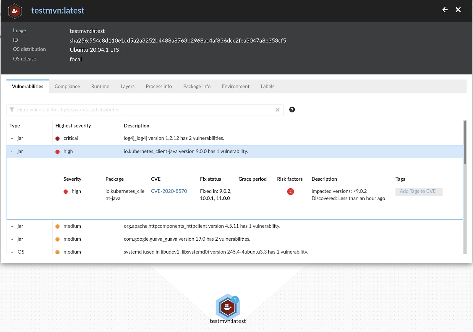 Vulnerability scanner in Prisma Cloud showing CVE-2020-8570