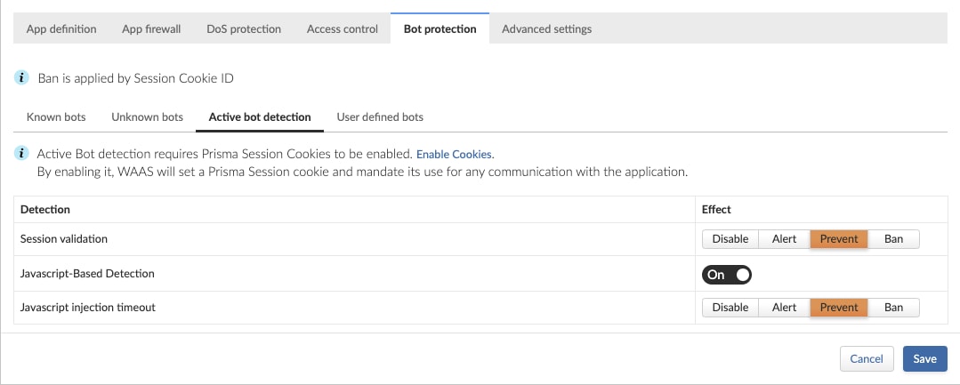 Active bot protection rules in Prisma Cloud