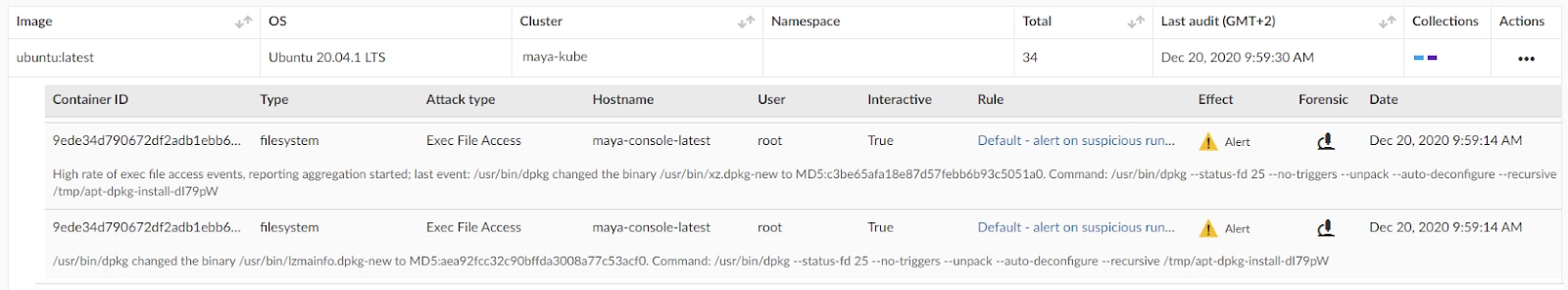Details from an audit of containers in runtime.