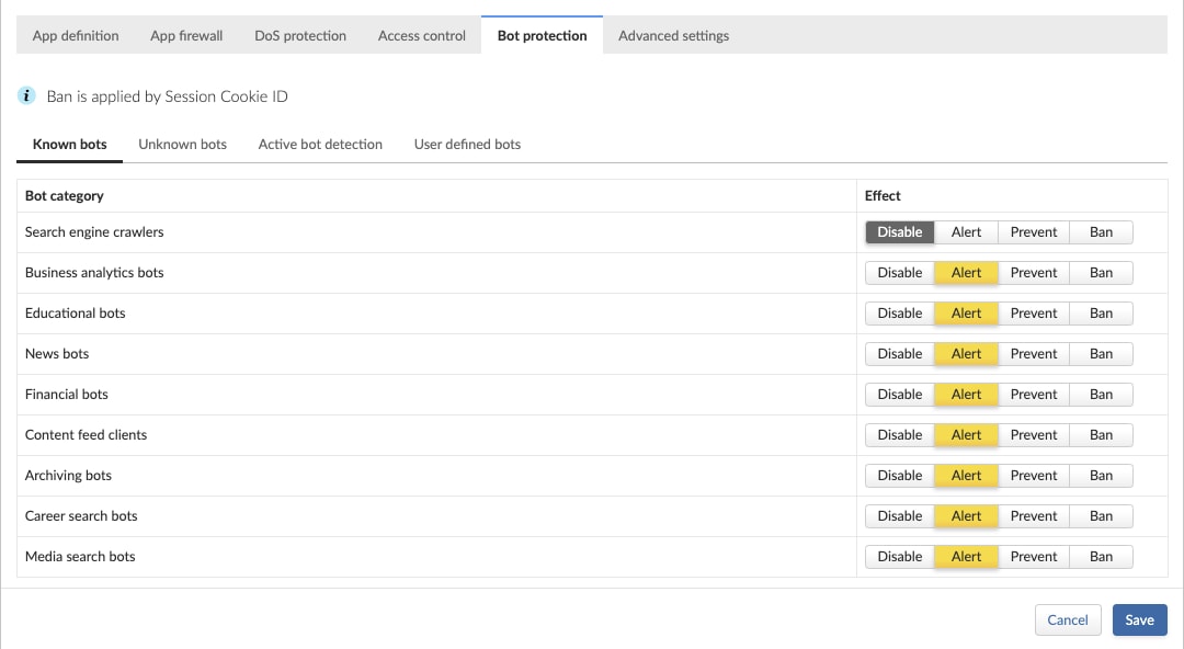 Configuring actions for known bots in Prisma Cloud