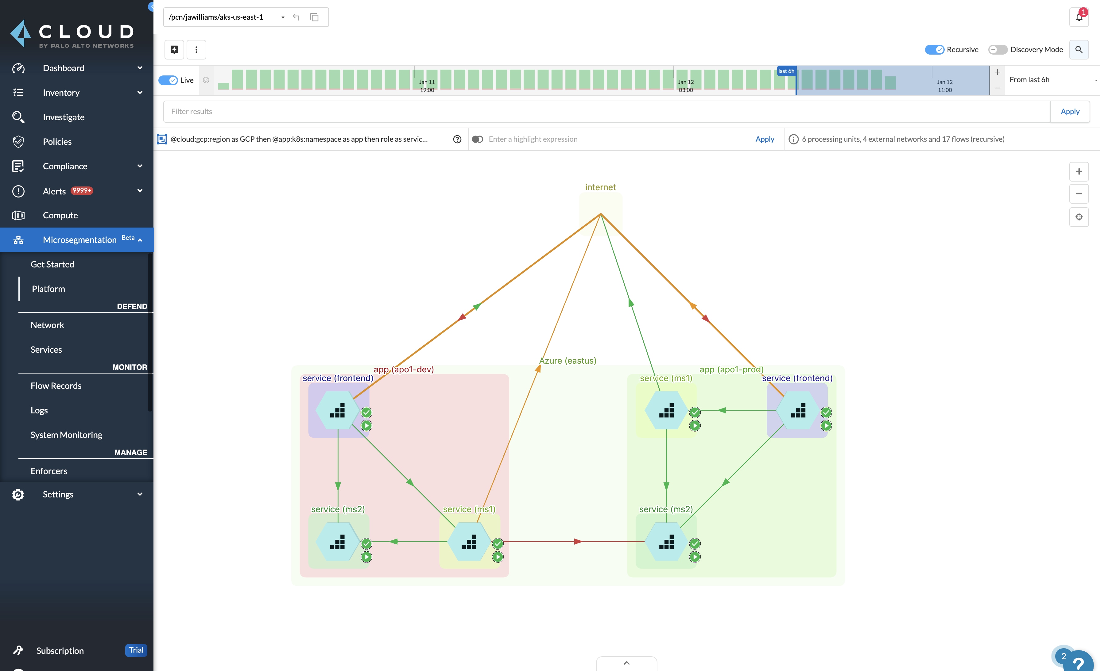 Application dependency mapping with Identity-Based Microsegmentation in Prisma Cloud.