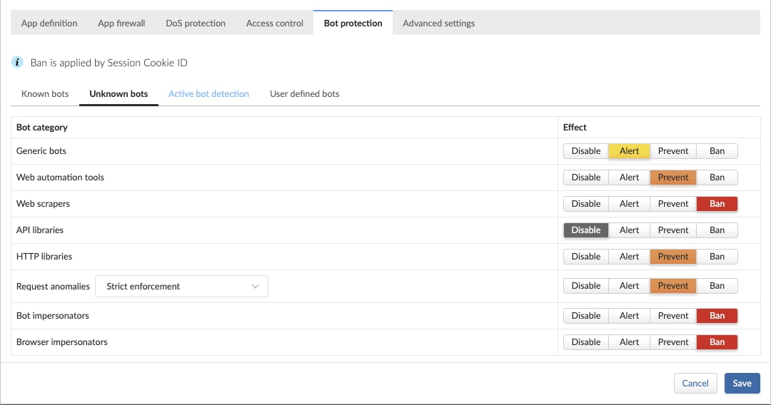Configuring actions for unknown bots