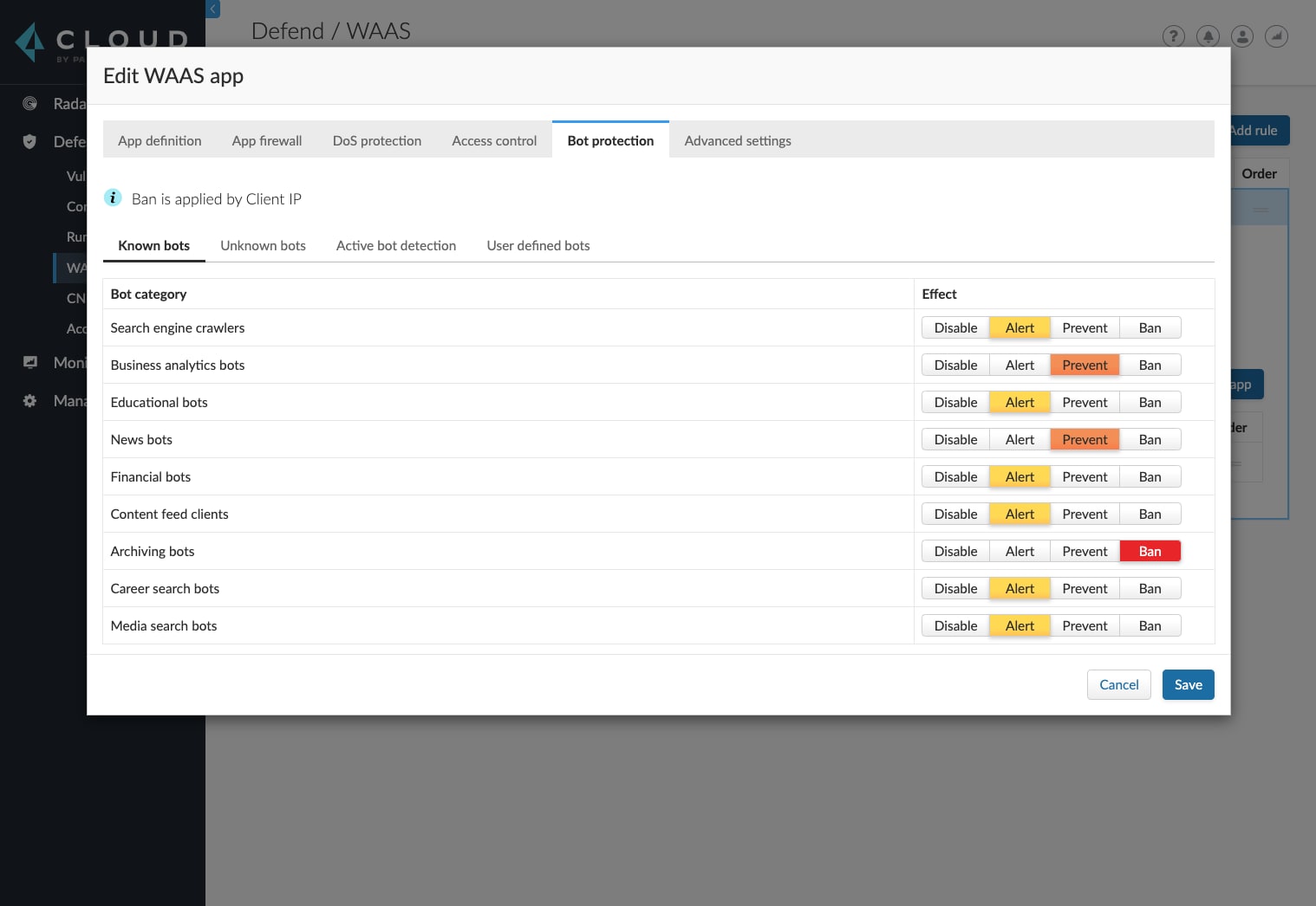 The screenshot shows bot protection controls inside Prisma Cloud. Top of screenshot reads "Edit WAAS app." Bot protection controls can cover known bots, unknown bots, active bot detection and user defined bots. 