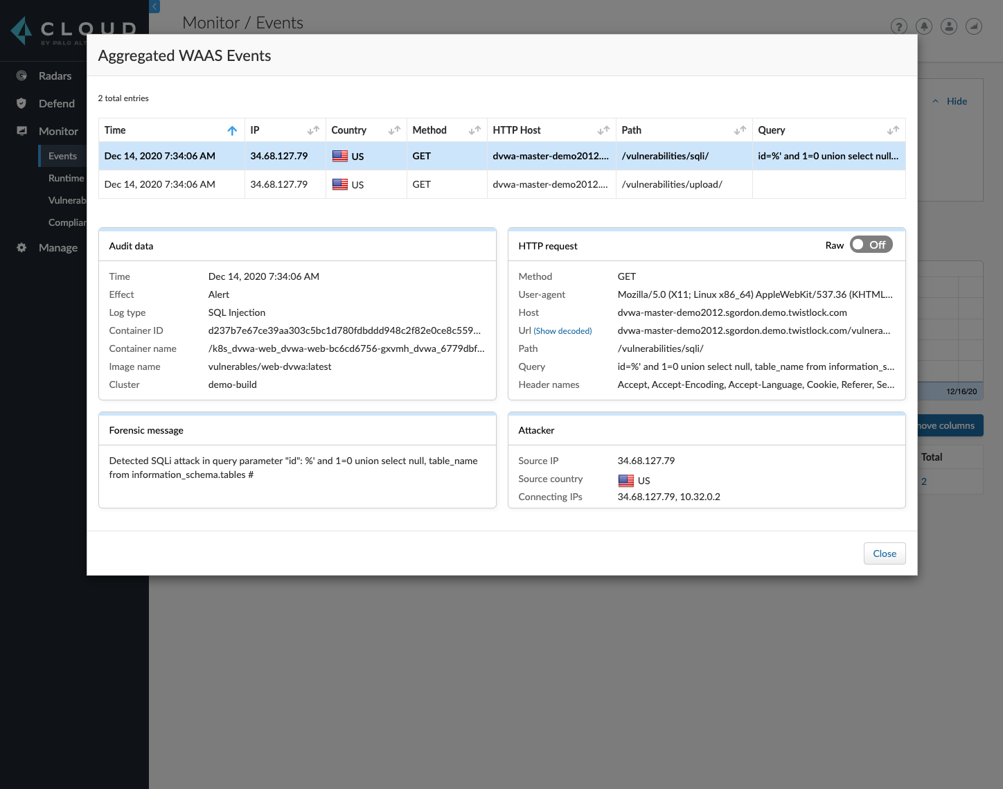 Web application and API security: The screenshot shows aggregated WAAS events in Prisma Cloud.