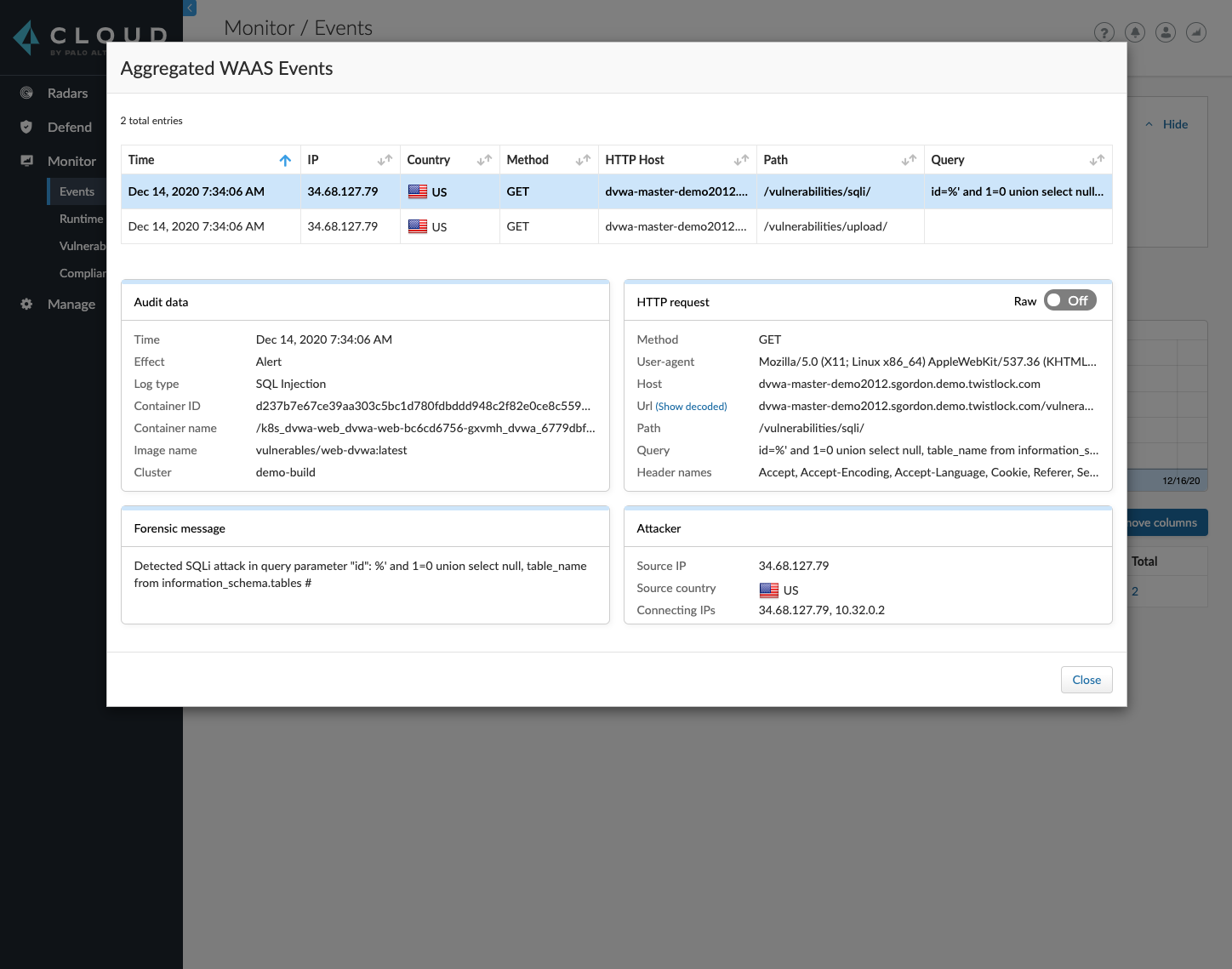 Web application and API security: The screenshot shows aggregated WAAS events in Prisma Cloud. 