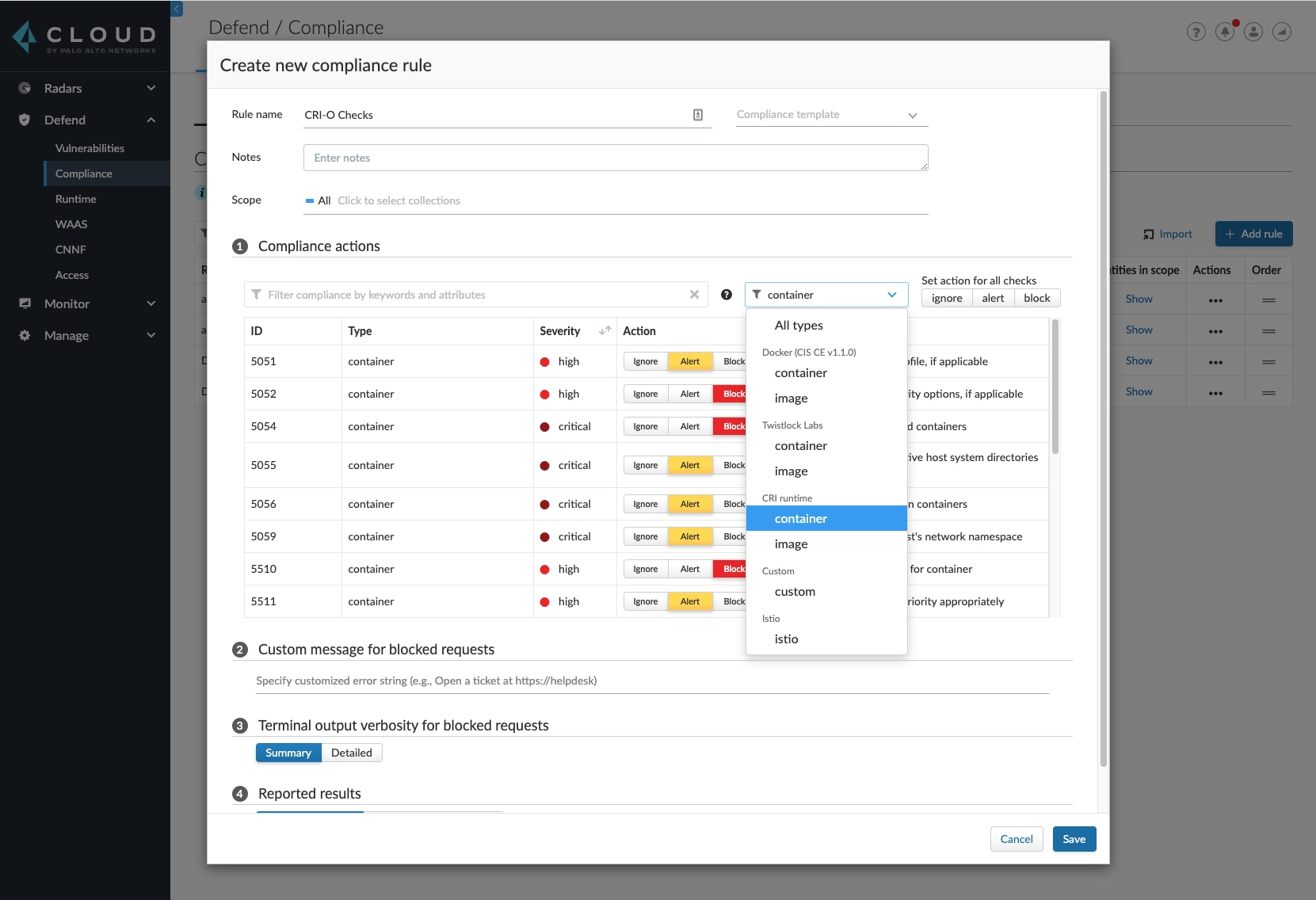 Prisma Cloud CRI-O compliance policies: Create new compliance rule, Compliance actions. The selected options can help organizations enhance host and container security. 