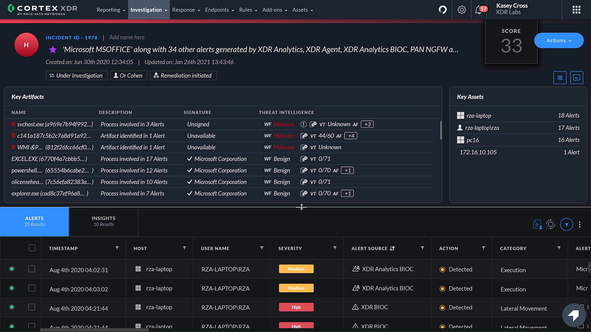 Incident Management reaches the next level with the introduction of incident scoring. The screenshot here shows how incident scores reveal high-risk threats in Cortex XDR 2.7. 