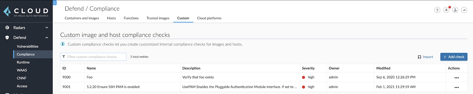 List of custom compliance checks in Prisma Cloud