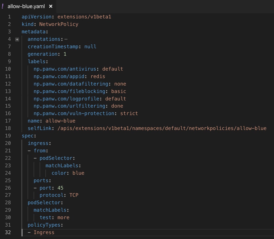 Sample of network policy constructs in Kubernetes with PAN-OS attributes