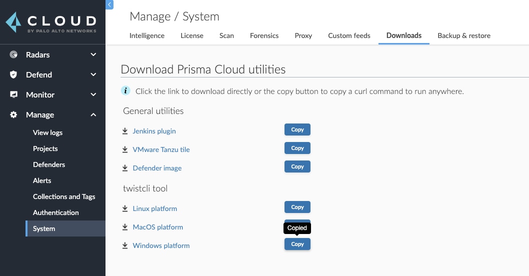 Copying the download command for the twistcli application