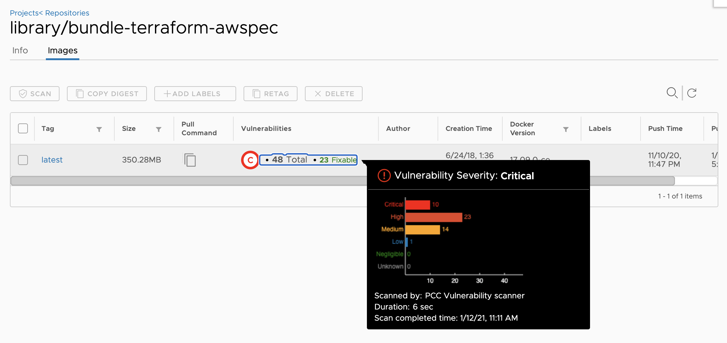 Prisma Cloud Intelligence Stream vulnerability data displayed in Harbor