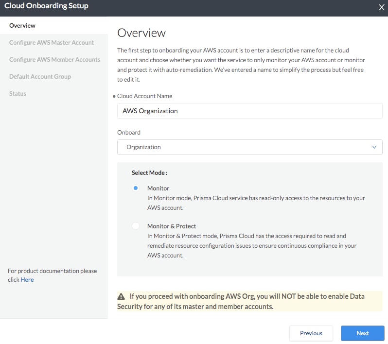 Cloud onboarding setup screen in Prisma Cloud