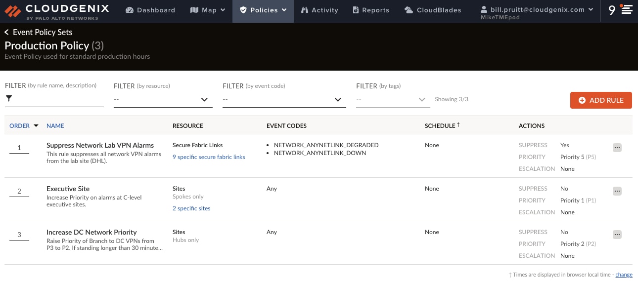 Event correlation and analysis capabilities using AIOps help simplify your network operations. See this sample view of policy control enhancement on the event correlation and analysis feature, which allows admins to, for example, suppress alarms generated when admins are using staging sites or are encountering a maintenance window. 