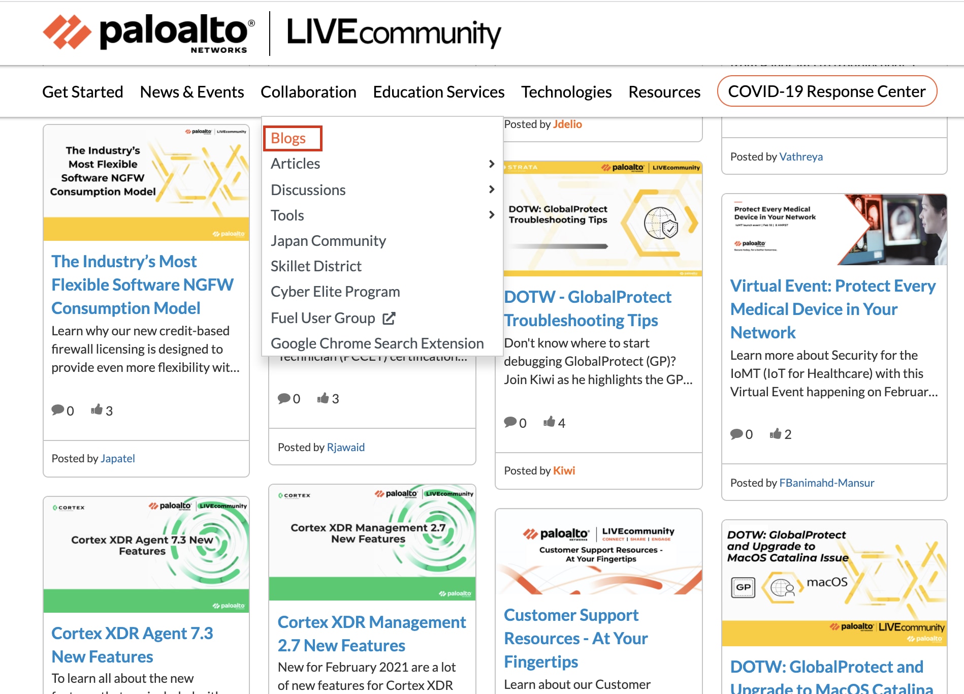 The screenshot shows how to access blogs within LIVEcommunity. 