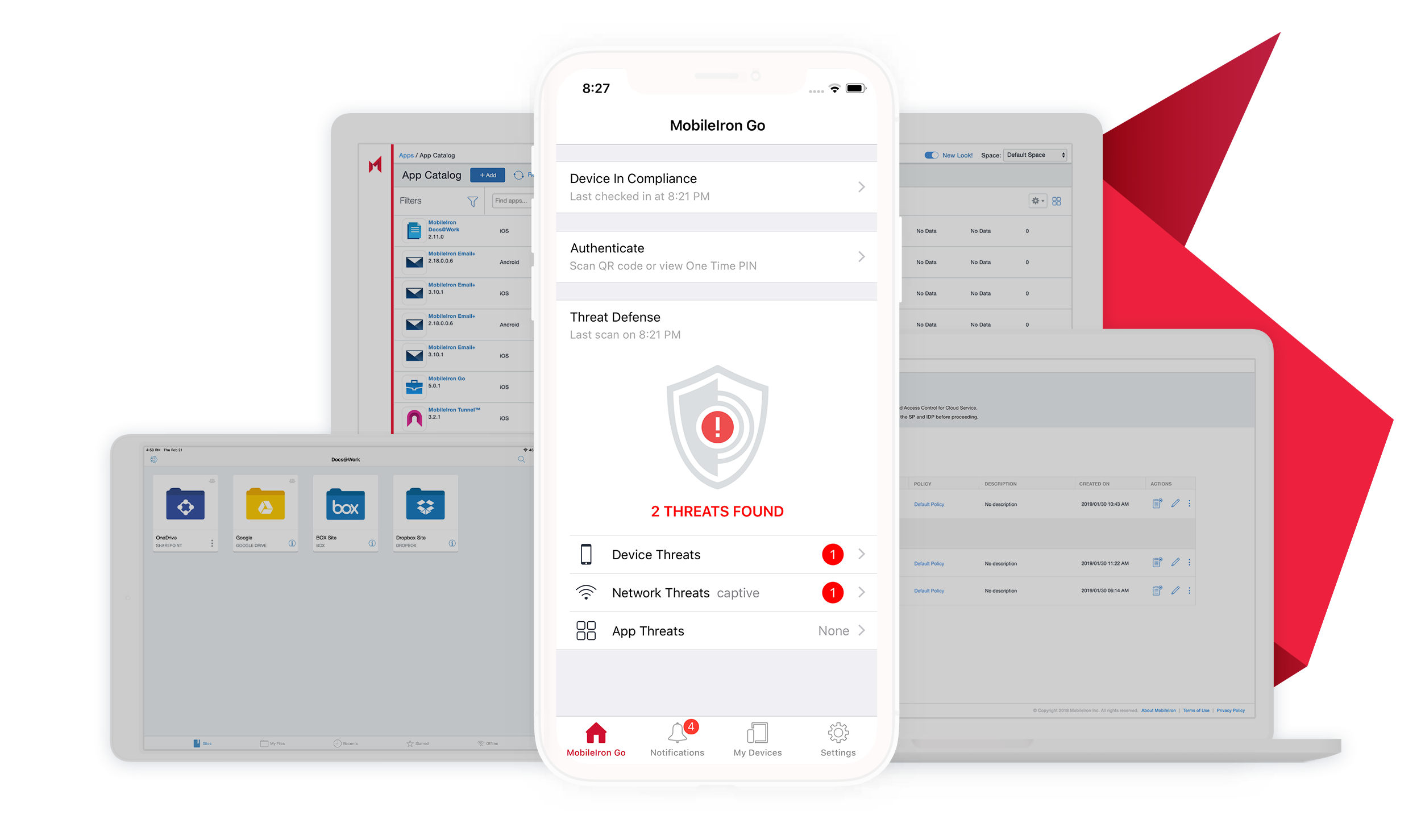 Intuitive interface and dashboard. MobileIron contains a variety of insightful data points related to the security posture of every device within the organization
