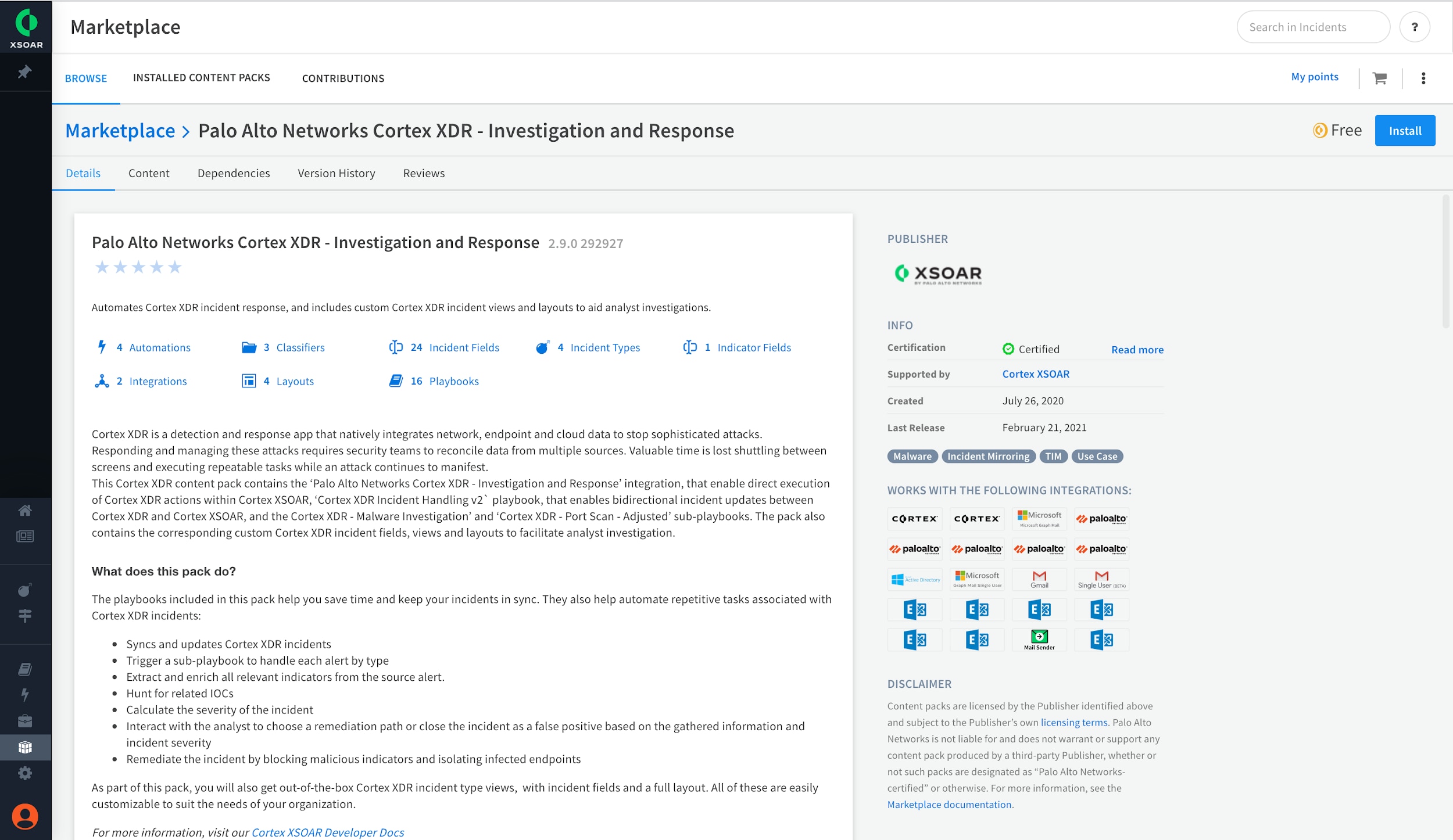 The Cortex XDR content pack in the XSOAR Marketplace