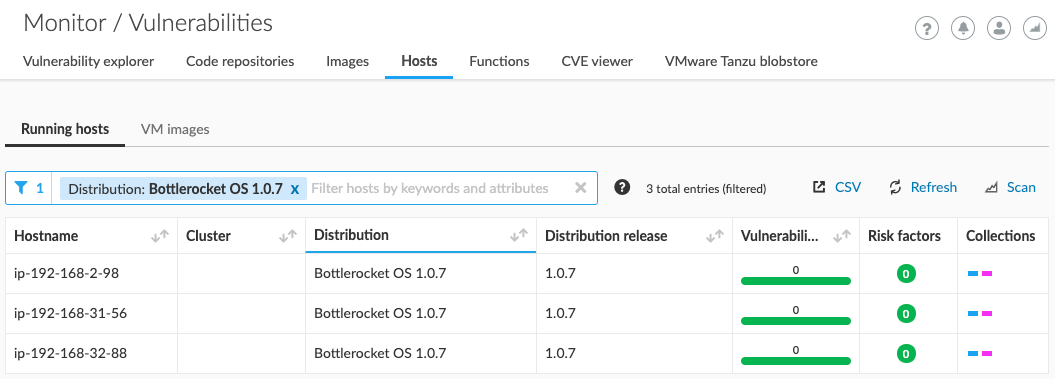 Host vulnerability scan results reported by Prisma Cloud Defenders on an EKS cluster with Bottlerocket nodes