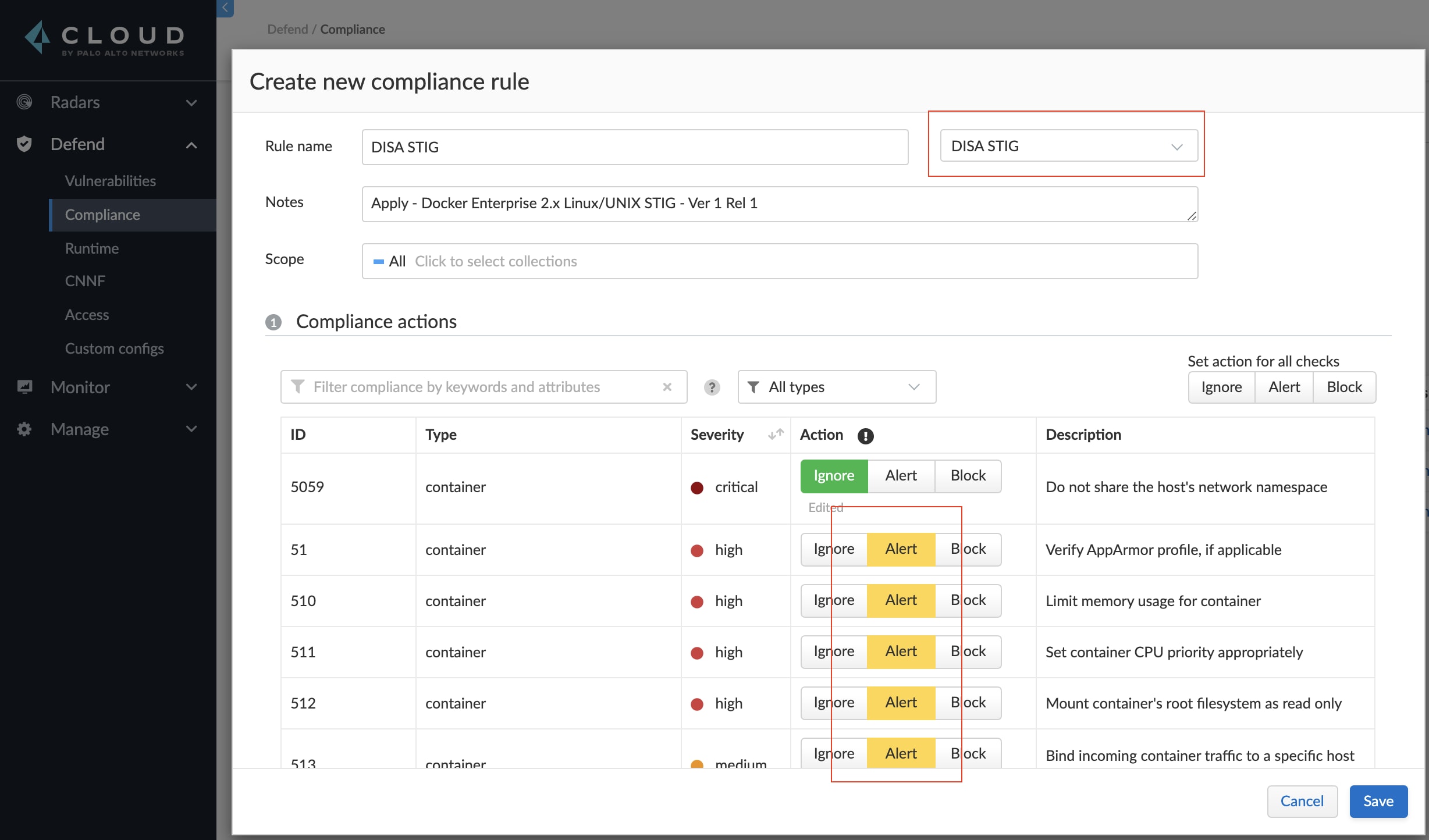 Setting alerts for DISA STIG framework policies in Prisma Cloud