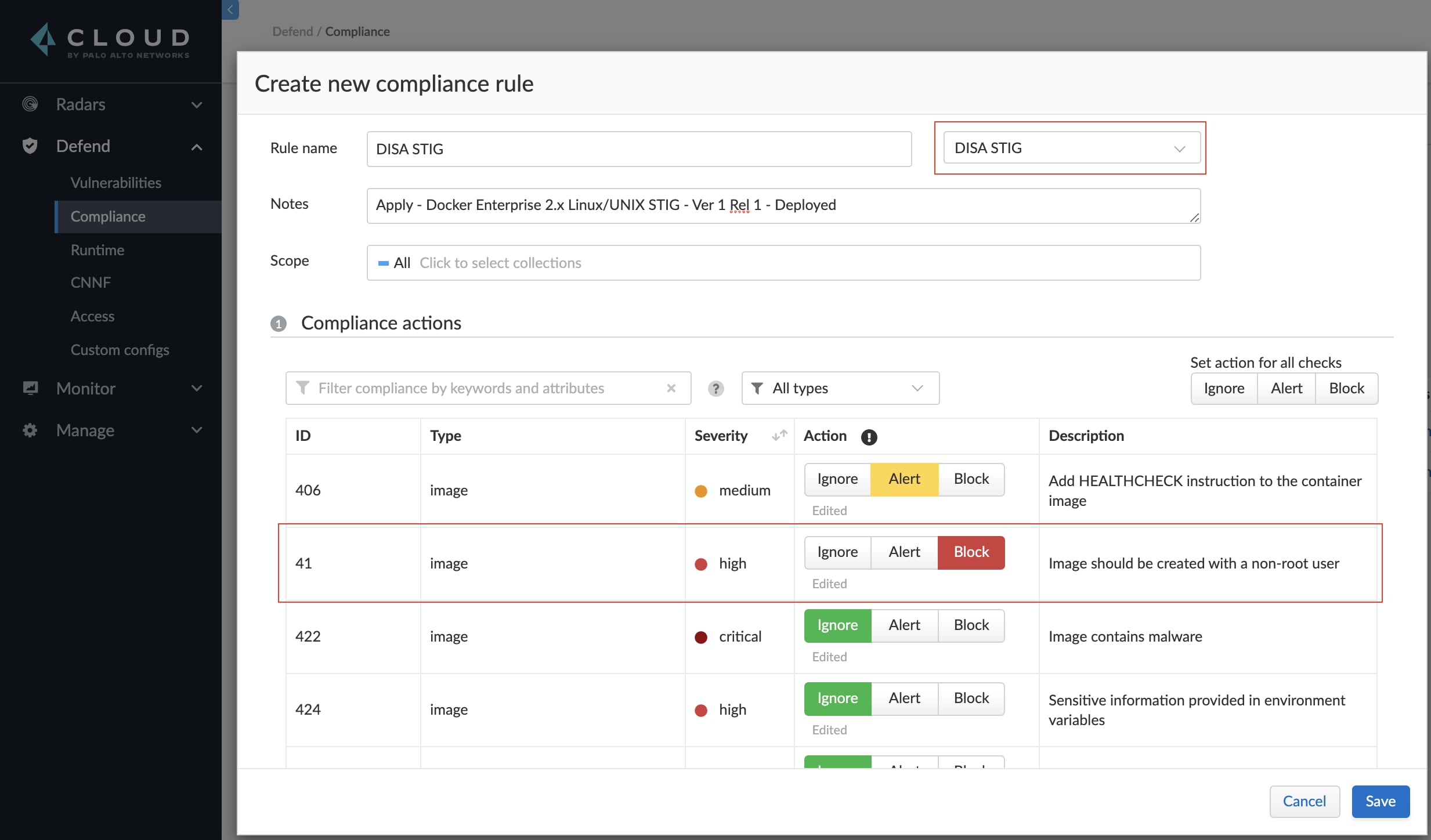 Prisma Cloud Defend rule set to block deploying images that violate rule 41