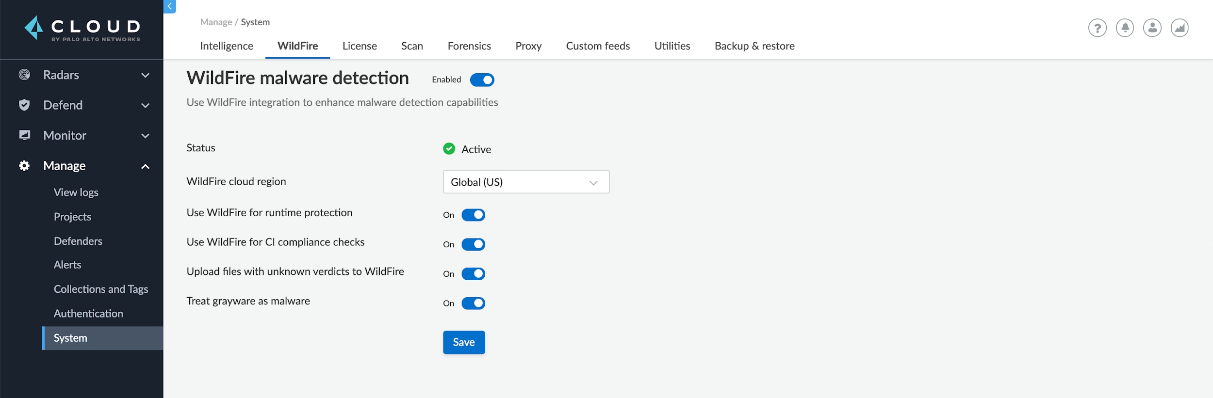 Figure 3. Setting up the WildFire integration in Prisma Cloud.