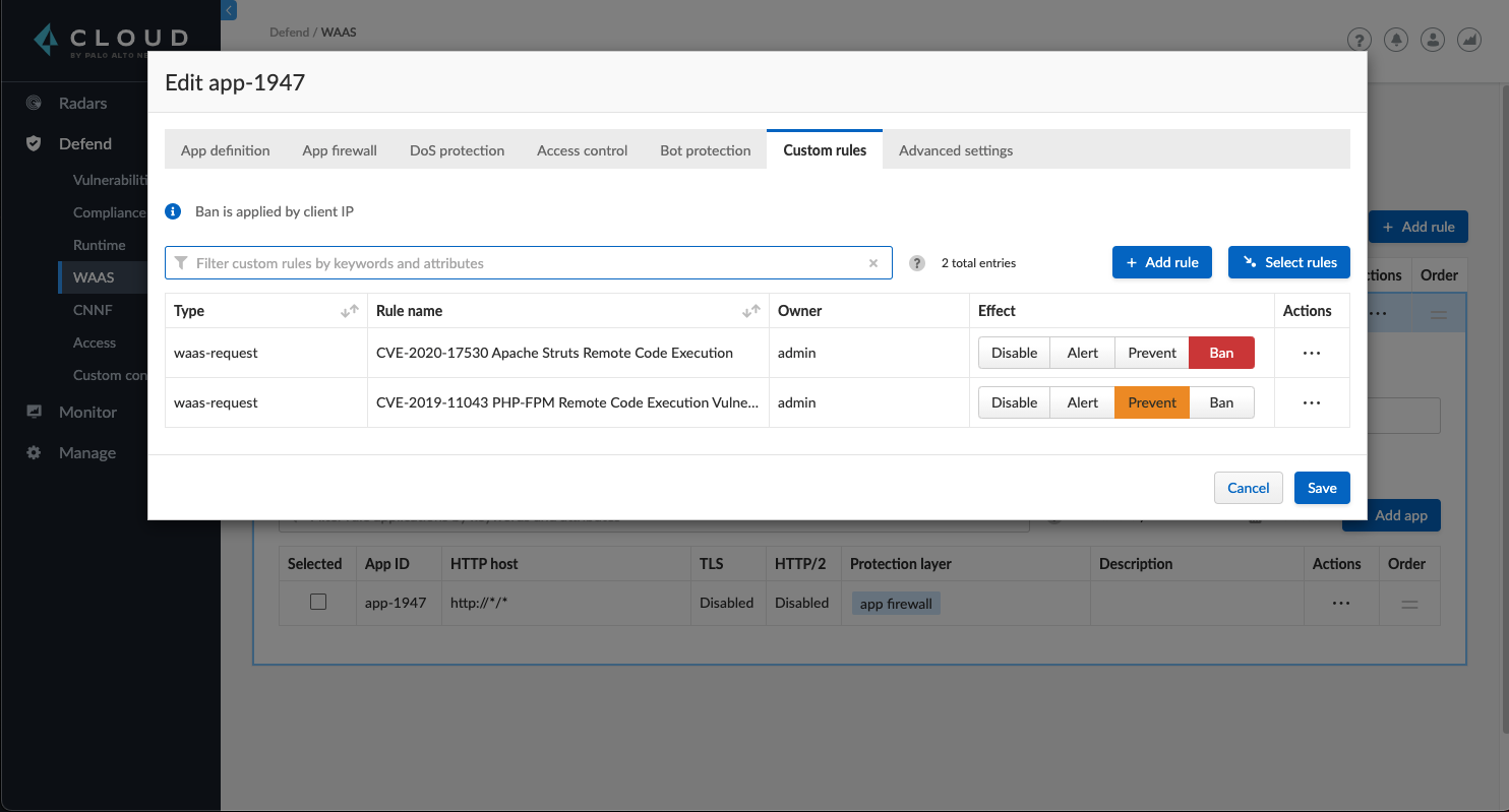 Figure 5. Virtual patching in Prisma Cloud.