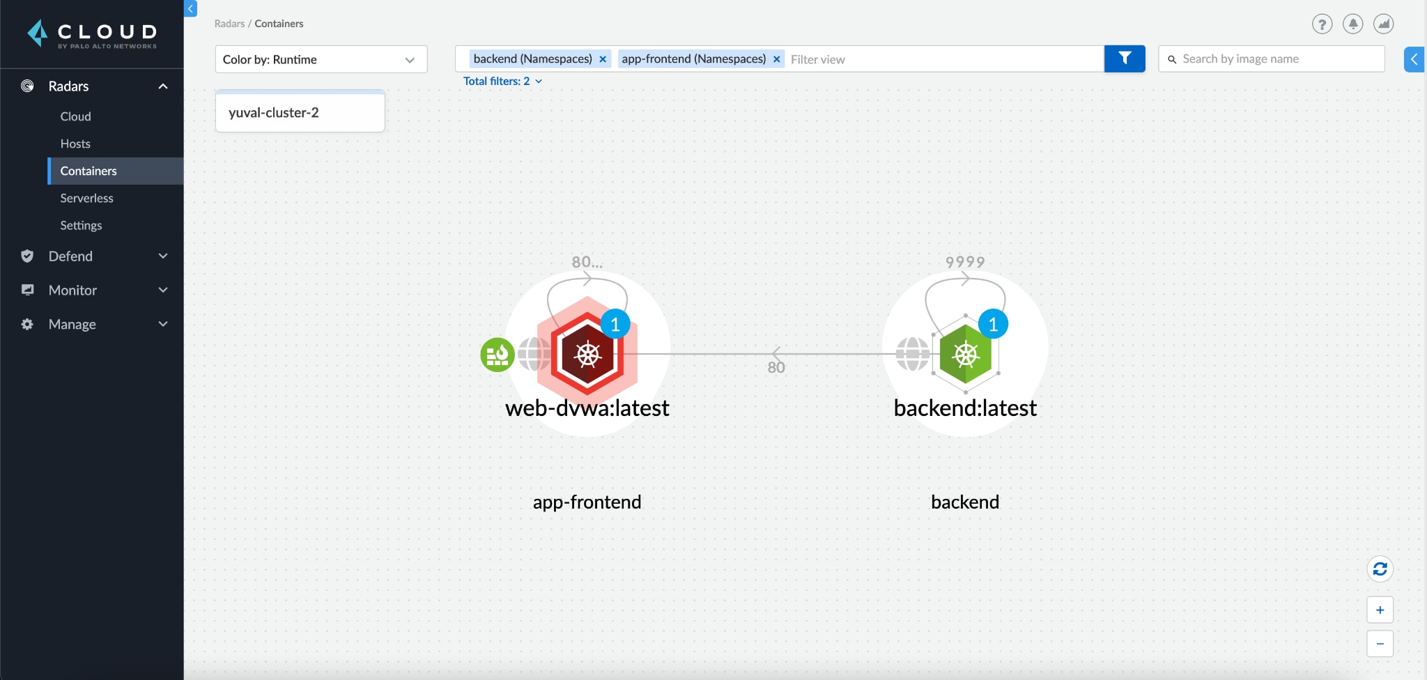 Radar shows the front-end pod triggered runtime audits