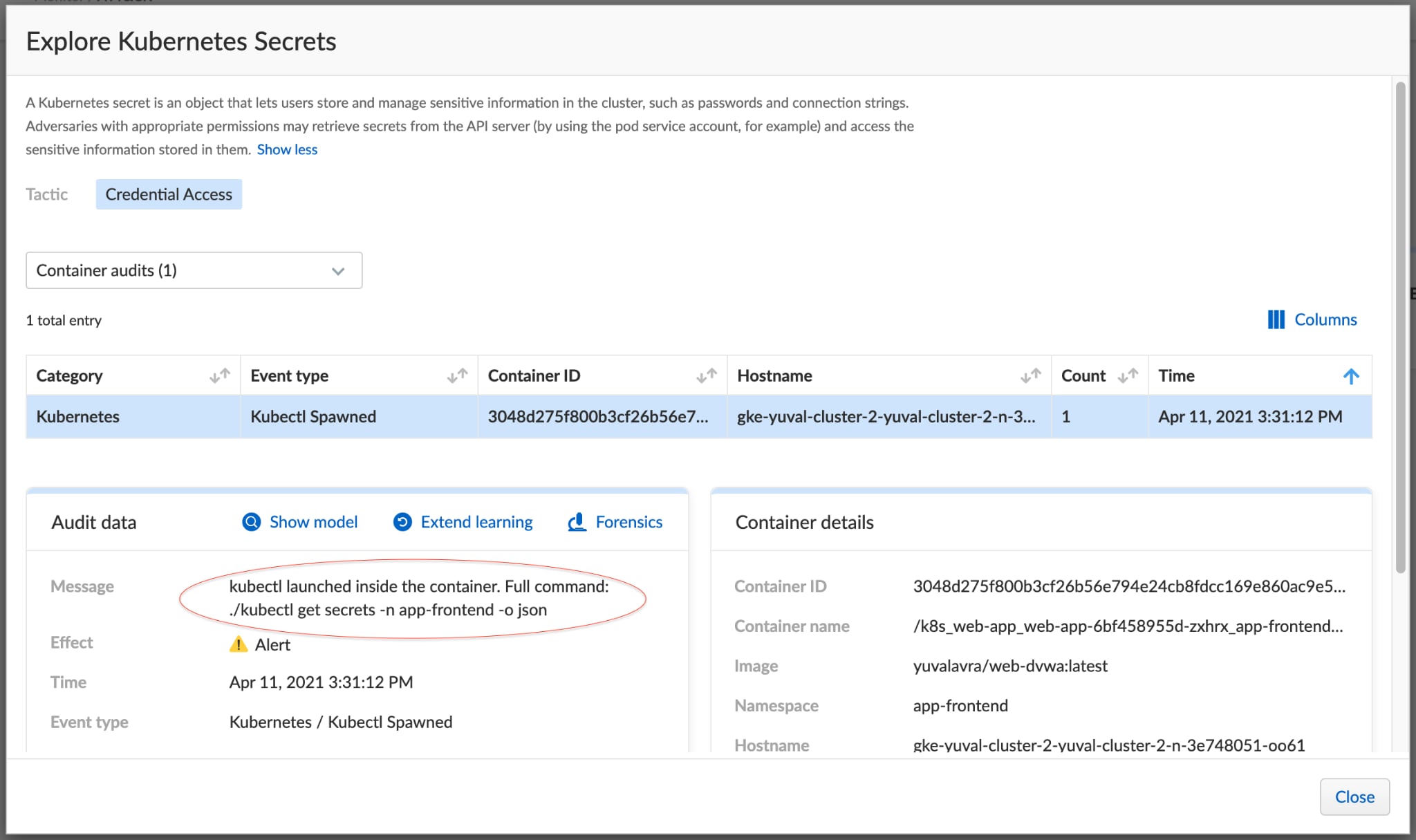 Dialog for "Kubernetes secrets" technique.