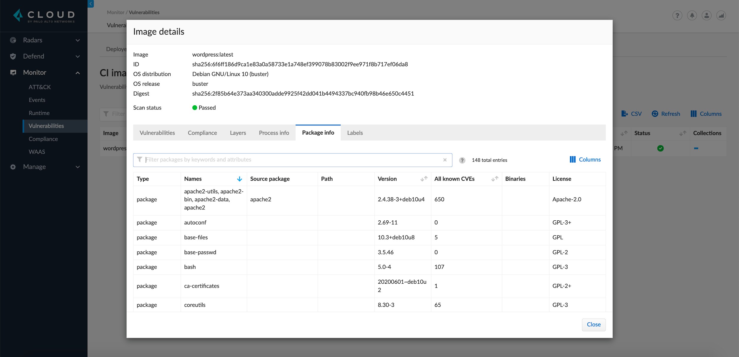 Result of CI scan of open source packages with licenses