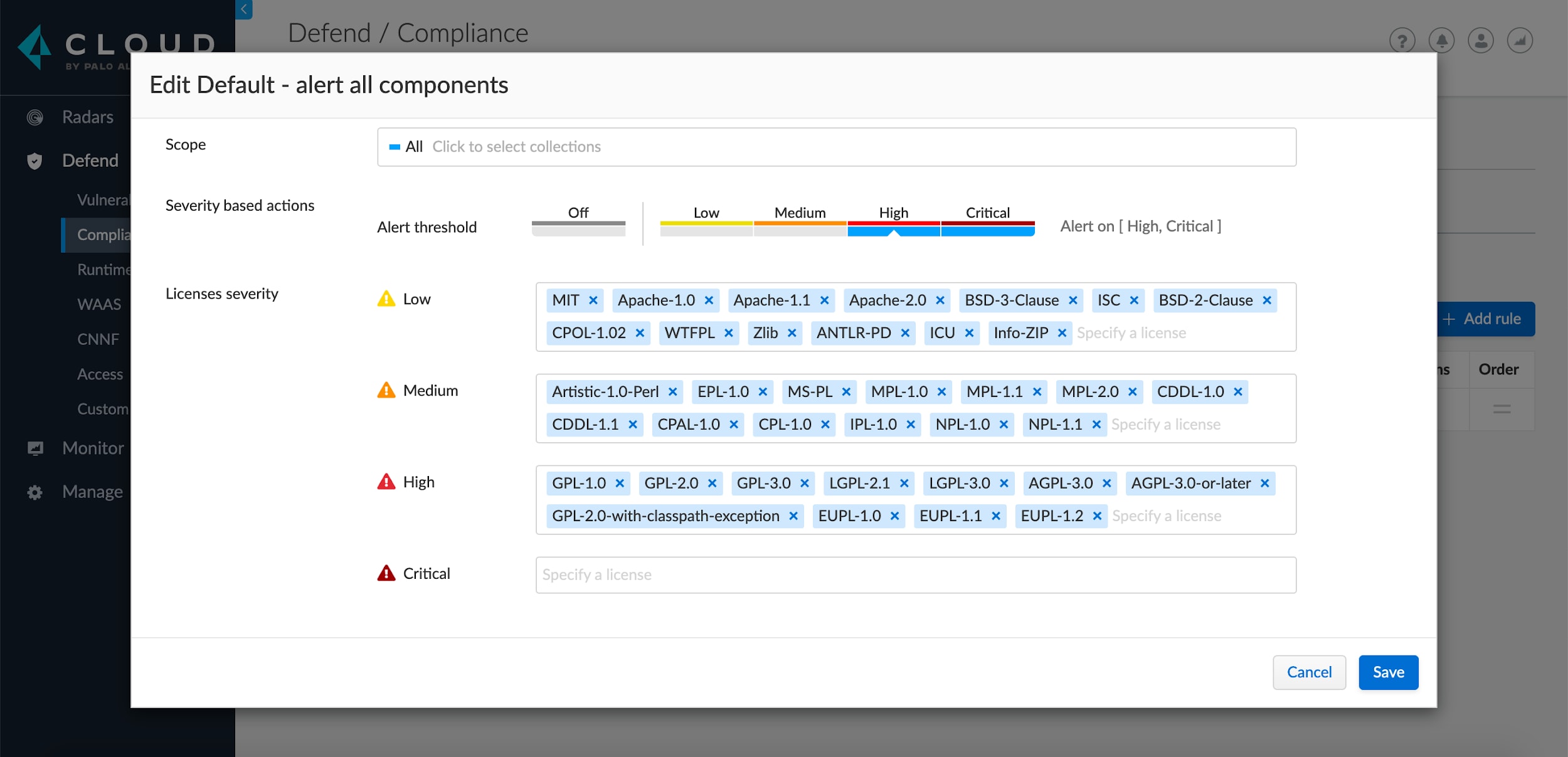 Customizable license alerting thresholds