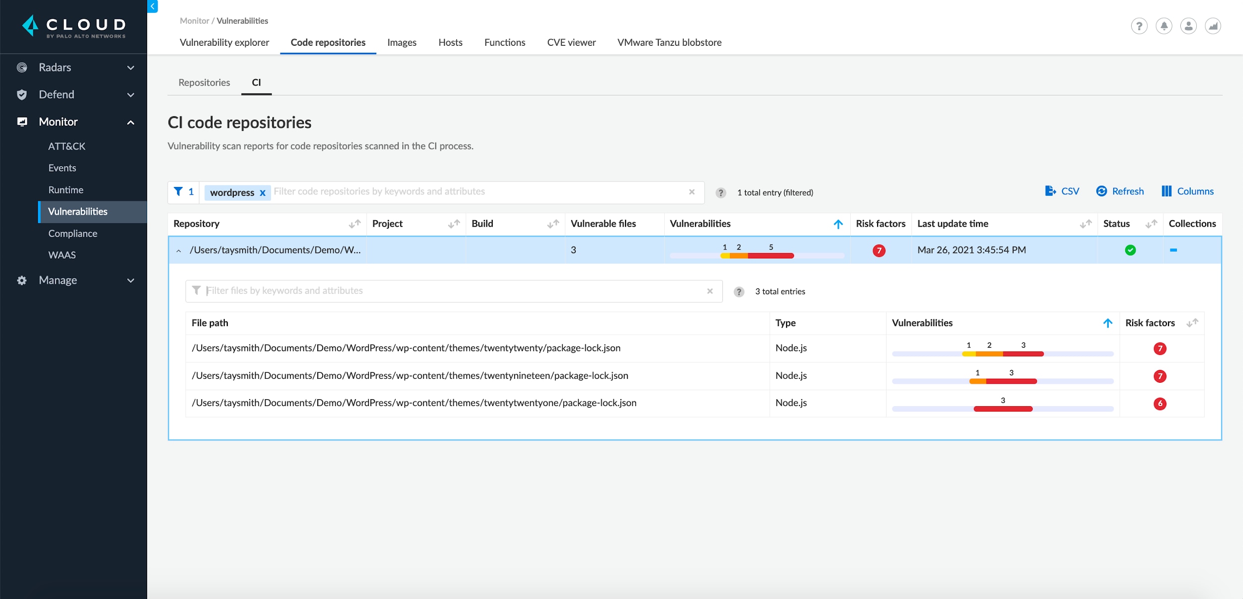 Central view of CI builds with their vulnerabilities.