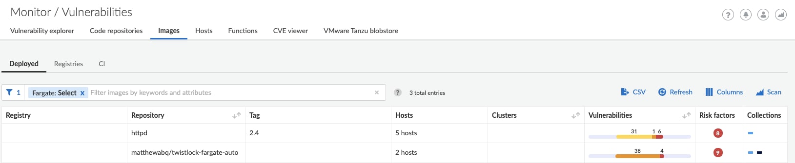 Vulnerability results for images running in Fargate tasks