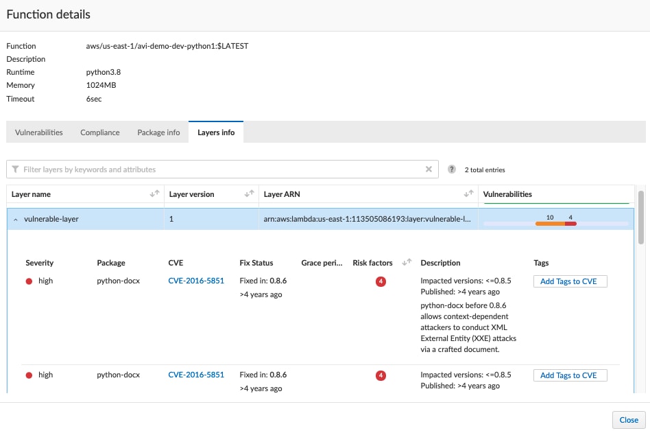 Lambda layers output in the Prisma Cloud console