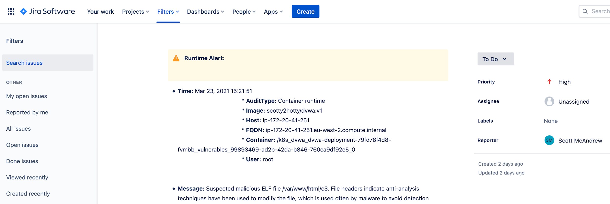 Screenshot of Jira displaying an alert generated by Prisma Cloud