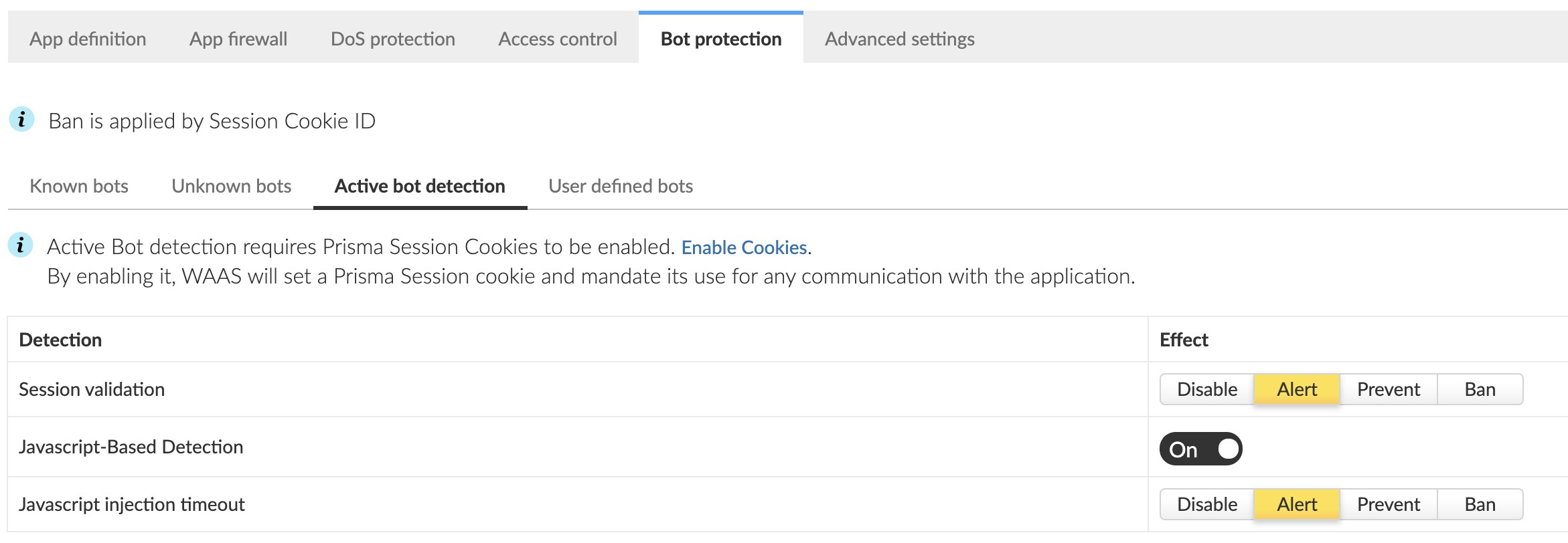 Active bot detection settings in Prisma Cloud