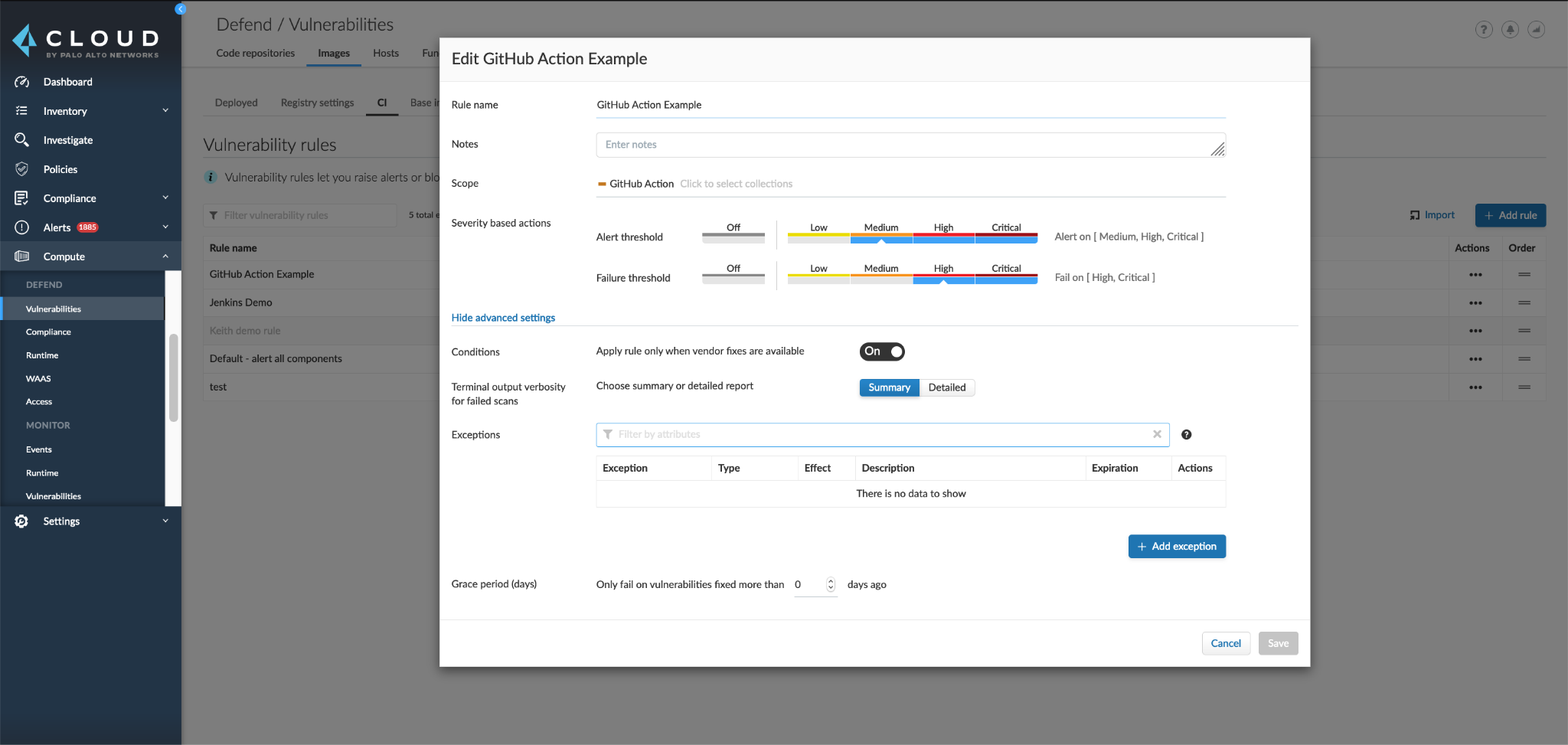 Alert and failure threshold settings